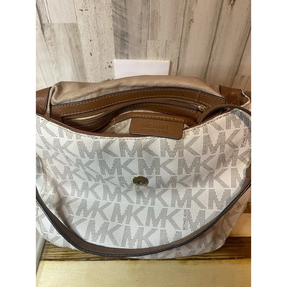 Michael Kors Handbag With Tassel Cream/Brown Gold Hardware PVC Body With Leather